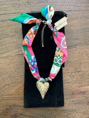 NWT Piper K. Multicolor Silk Scarf Necklace with Gold Heart Pendant